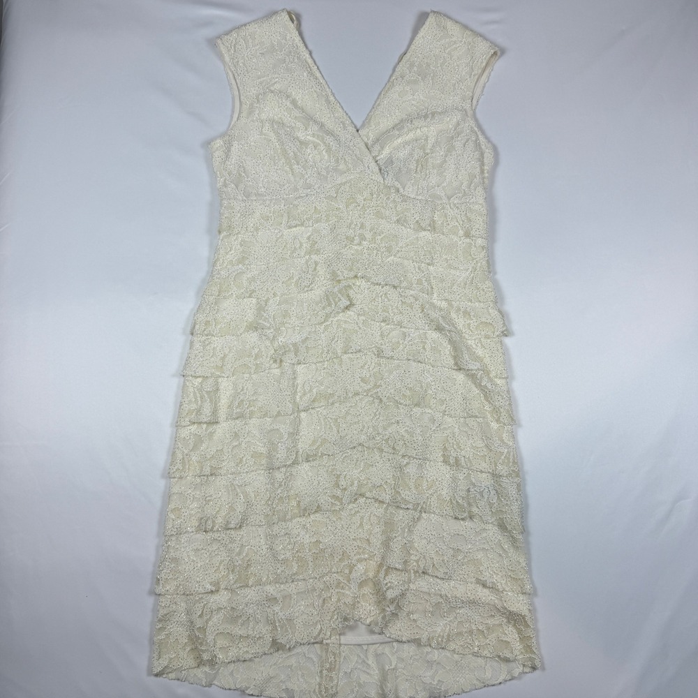 Jessica Howard Tiered Lace Dress Women‎ 12 Cream Gold Sparkle V-Neck Sleeveless